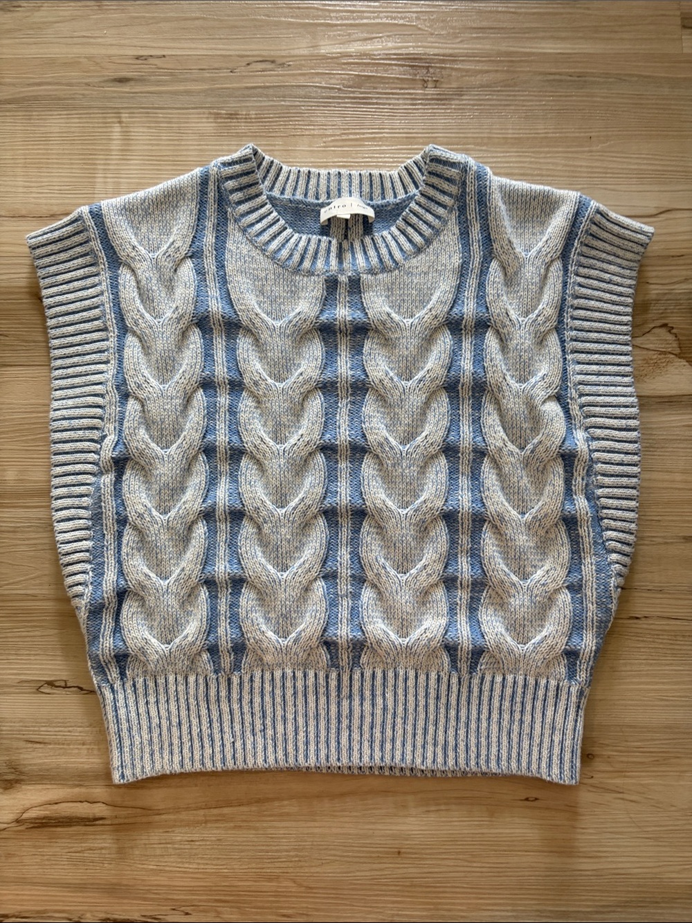 Entro Women’s Cable Knit Sleeveless Sweater Vest - Light Blue and Cream